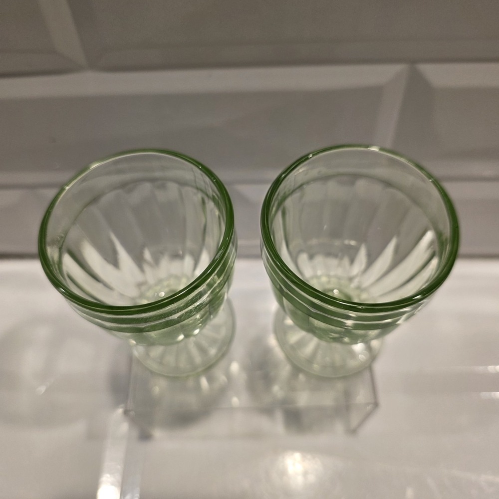 2 Anchor Hocking Pillar Optic Green Cordial Glasses 3 1/8" Uranium Glass - Picture 3 of 11